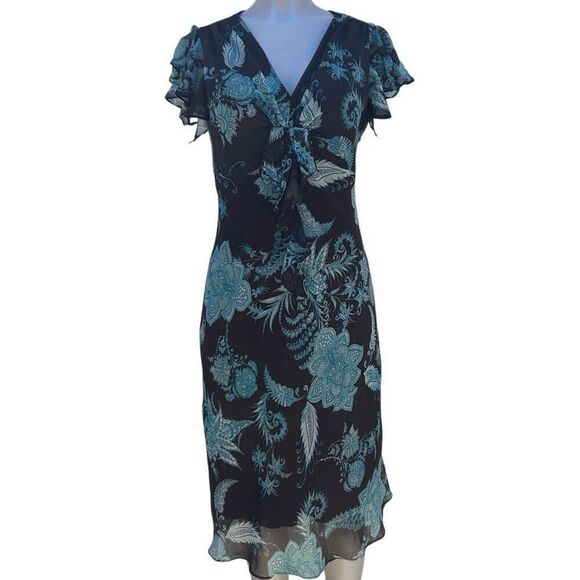 MSK Midi Dress Women's Sz 10 Brown Teal Floral Twist Front Ruffle Flutter Sleeve - Picture 8 of 16